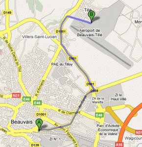 Google Map route between Beauvais downtown and BVA Airport