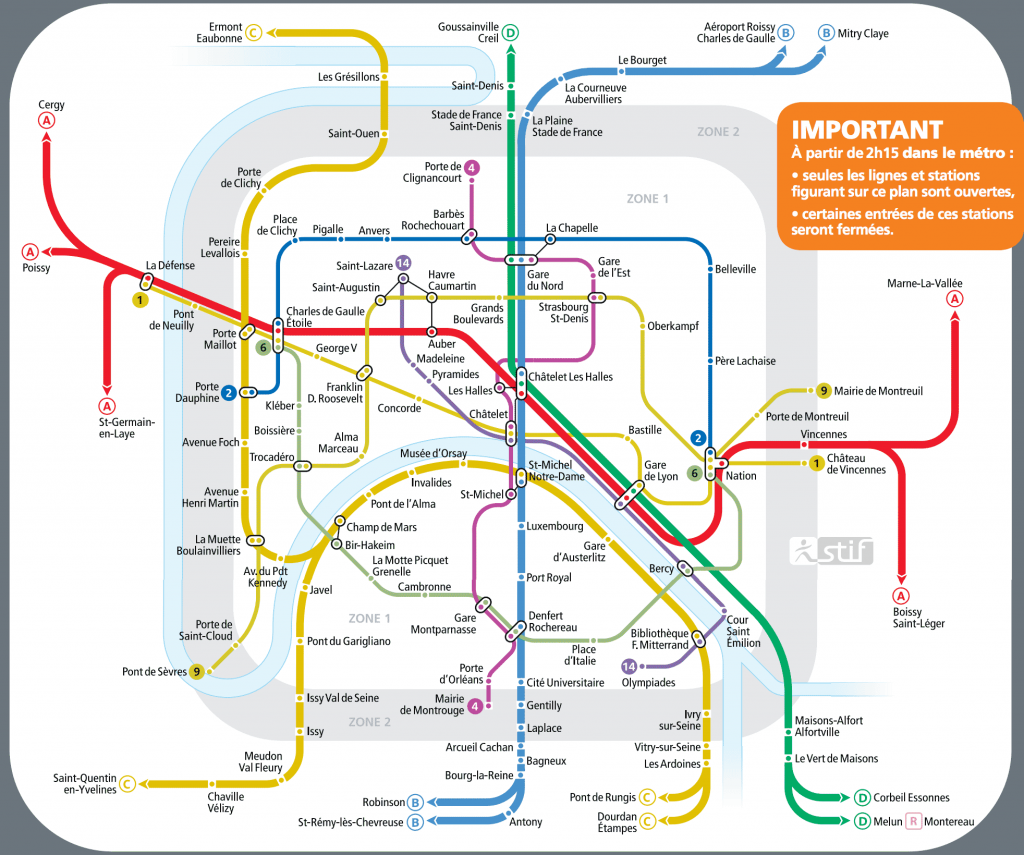 Paris Metro RER New Year's Eve Service Map