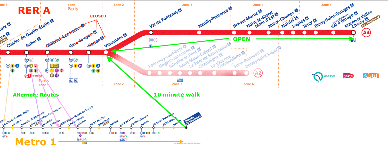 RER A train Disneyland closed stations map