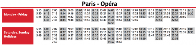 Roissybus bus timetable from Paris Opera to CDG