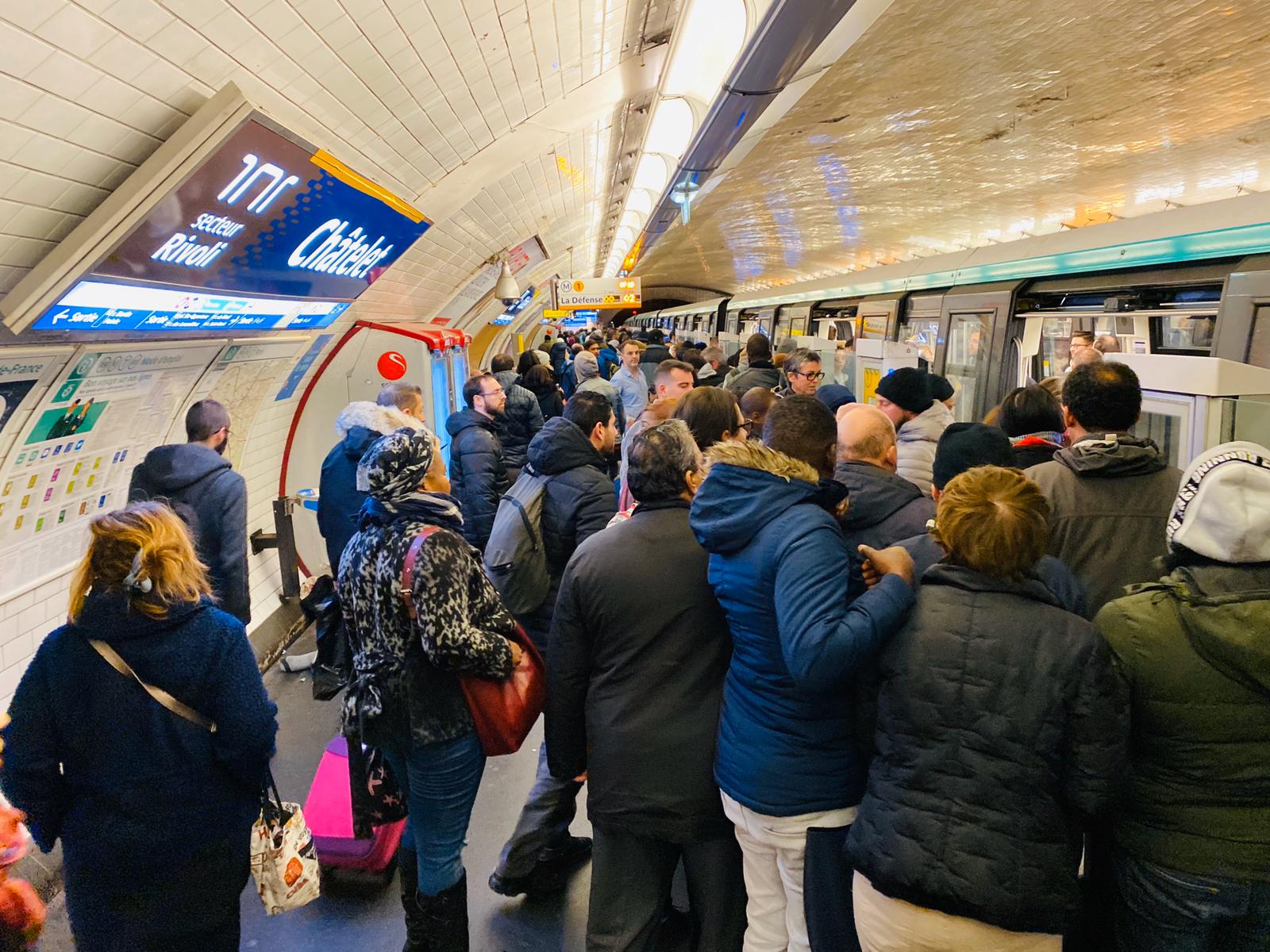 Paris Metro line 1 platform at Chatelet during 2020 Paris train strikes