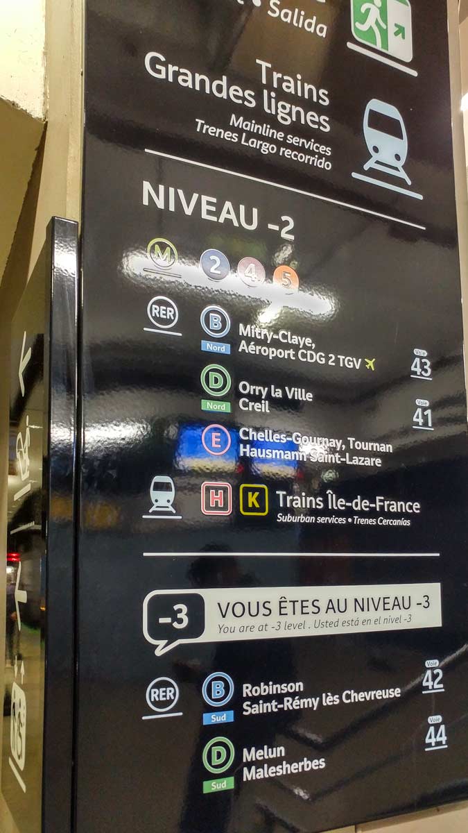 Sign showing surface, Metro & RER train levels in Gare du Nord.
