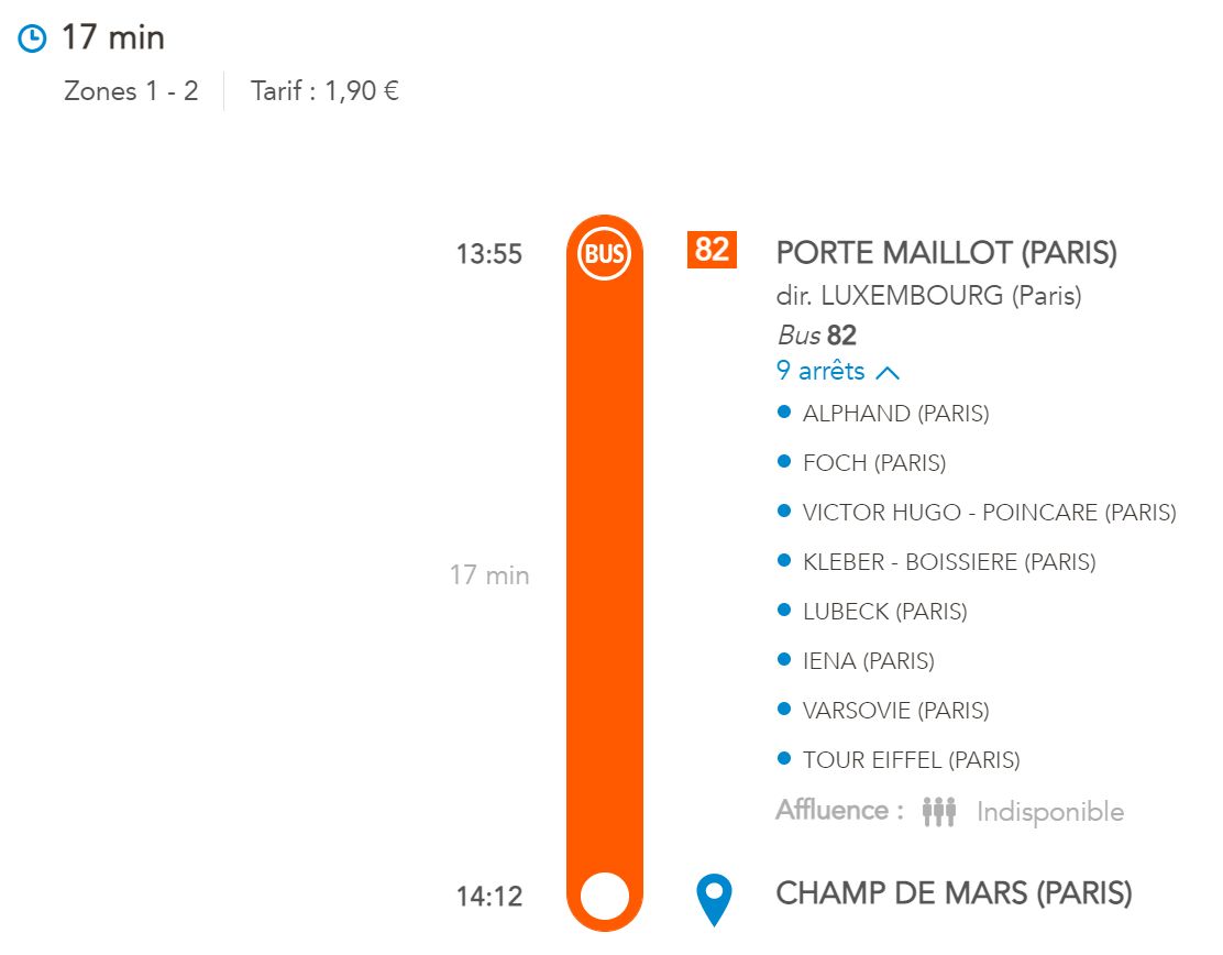 bus 82 stops between porte maillot and champ de mars eiffel tower