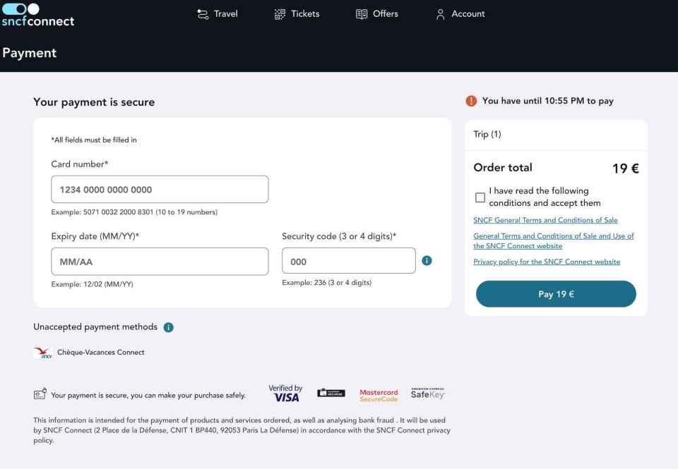 CDG Disney TGV Credit Card payment page
