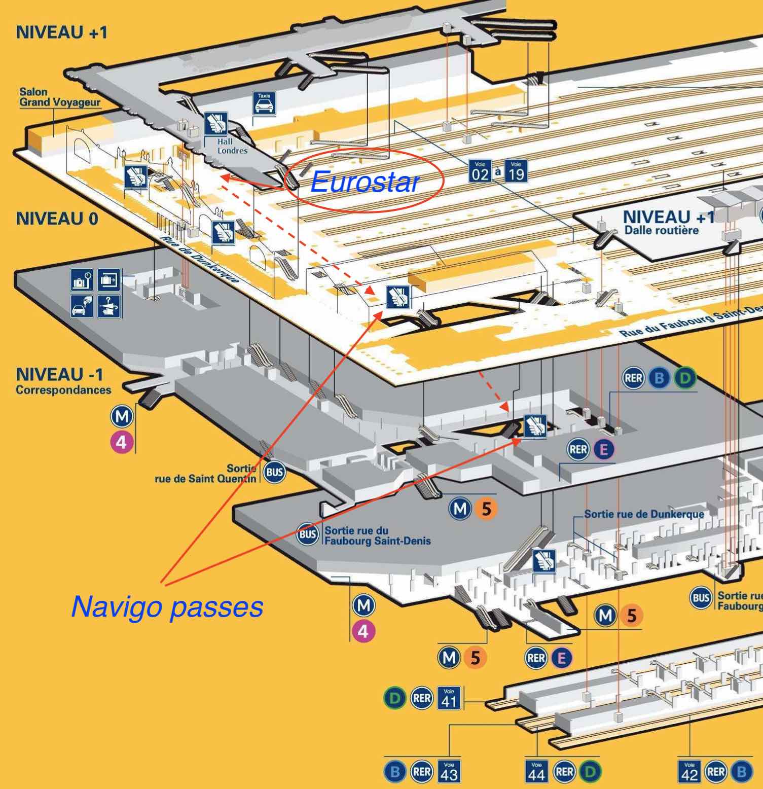 Gare du Nord Map showing Navigo pass ticket windows