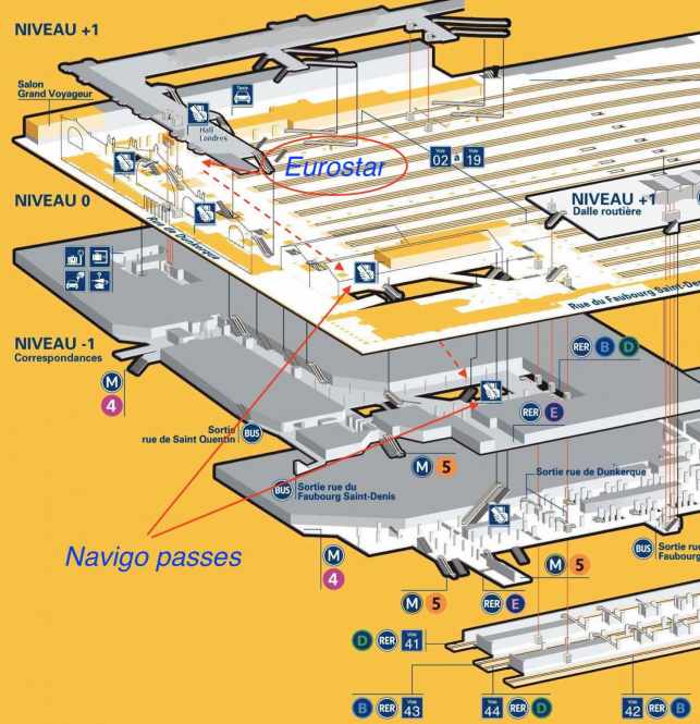 Gare du Nord Map showing Navigo pass ticket windows 
